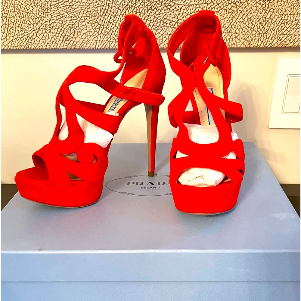 SALE Prada Red Suede Open Toe Baroque Platform Sandals Size 35.5